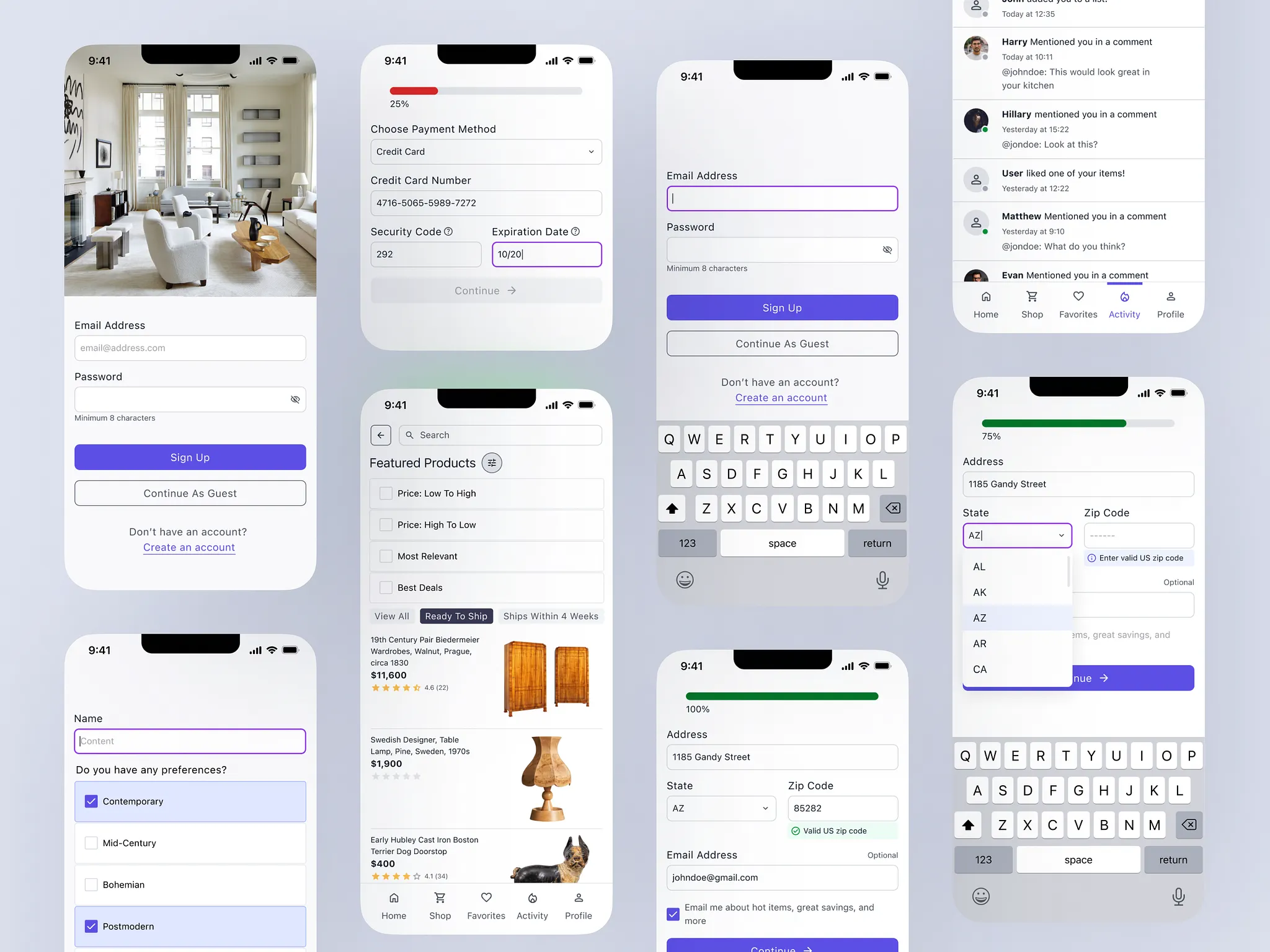 UI screens using the library